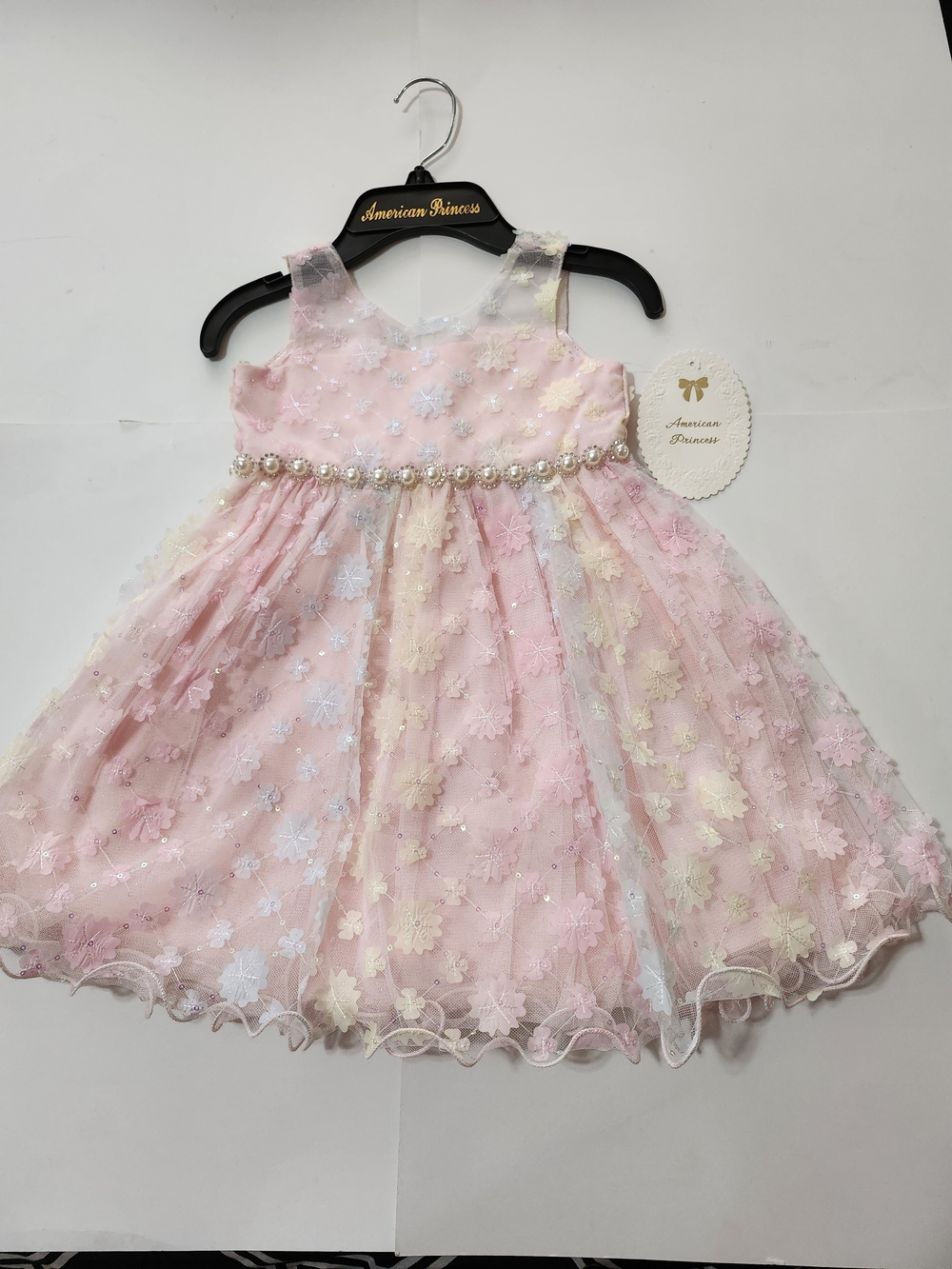 American Princess Pale Pink Multi-Accent Floral Pearl Waist Dress